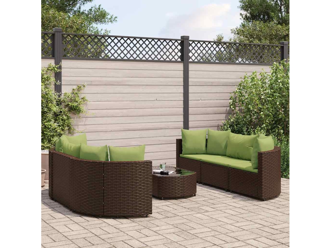 Vidaxl 7 Pcs Conjunto De Sofás Jardim C/ Almofadões Vime Pe Castanho