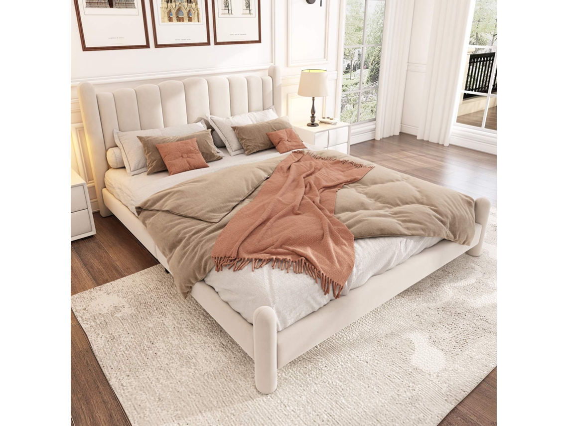 Cama Polster 180x200 Cm - Cabeceira Em Forma De Ventilador, Pés Cilíndricos, Com Estrado - Veludo Bege