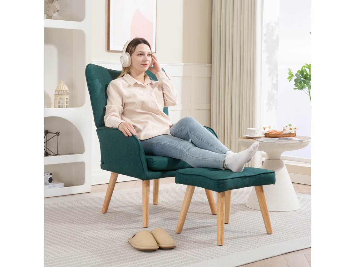 Poltrona de leitura verde escura 70x72x94cm com capitonê, apoio para os pés, pés de madeira, revestimento em linho