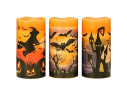 Velas Led Sem Chama com Timer 6h, Decalques Bruxa, Morcegos, Castelo Conjunto de 3