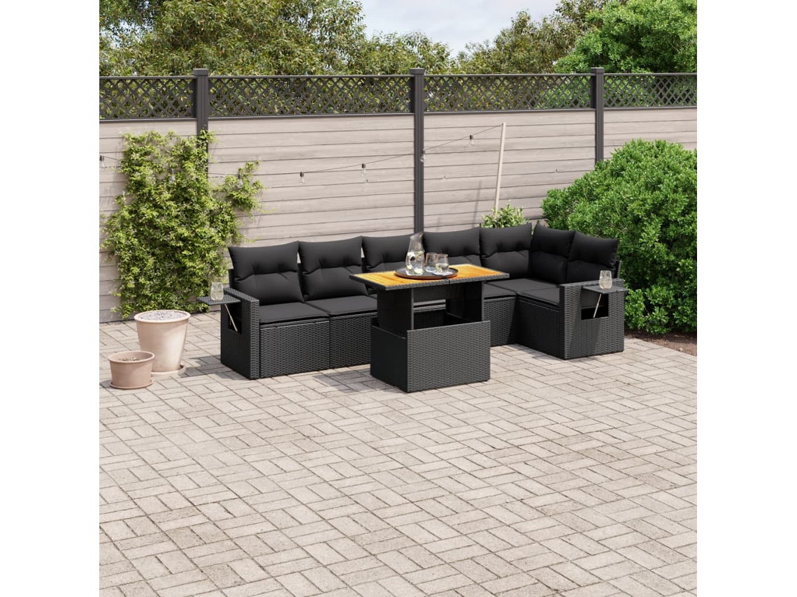 Vidaxl 7 Pcs Conjunto De Sofás P/ Jardim C/ Almofadões Vime Pe Preto