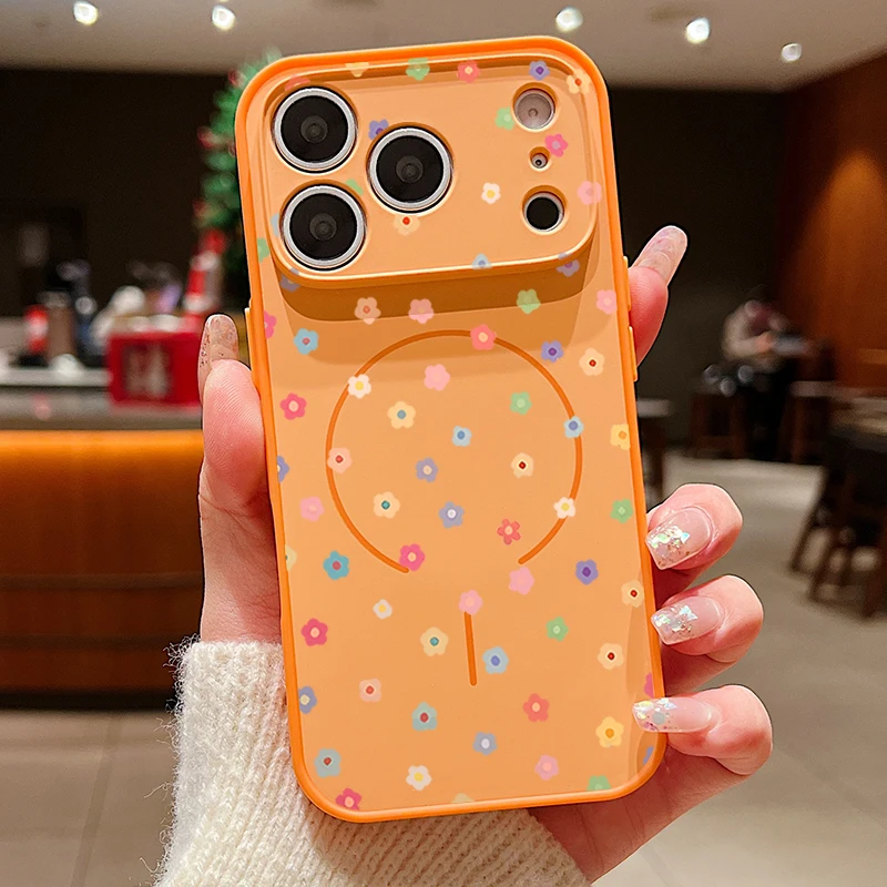 Capa Magnética Rígida Para Iphone 16 Com Estampa Floral Romântica (laranja).
