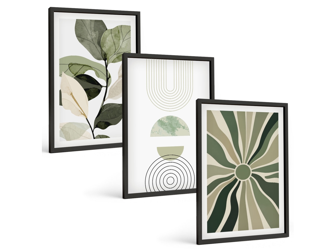 Conjunto De Pinturas Motivos Vegetais, Geometria Verde Moldura Preta Quadros Para O Escritório Espelharte (3 Piezas De 40x60 Cm)