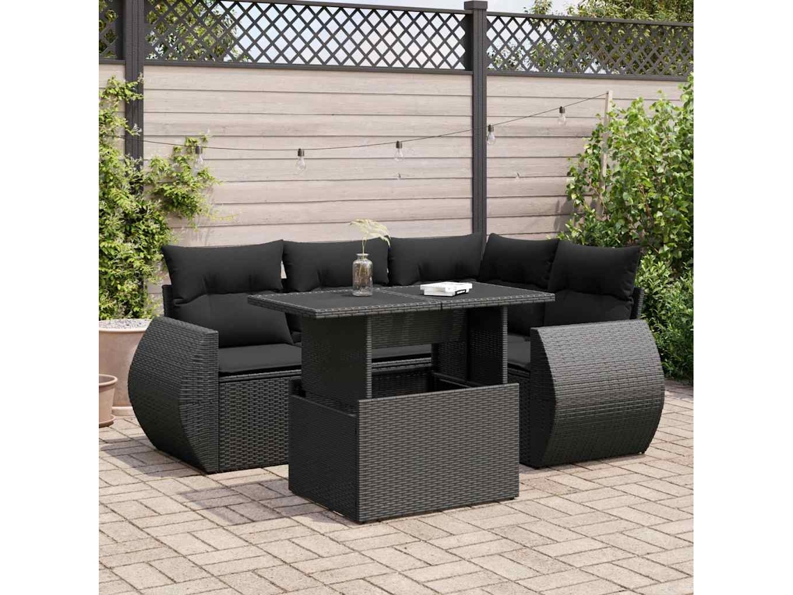 Vidaxl 5 Pcs Conjunto Sofás De Jardim Com Almofadões Vime Pe Preto