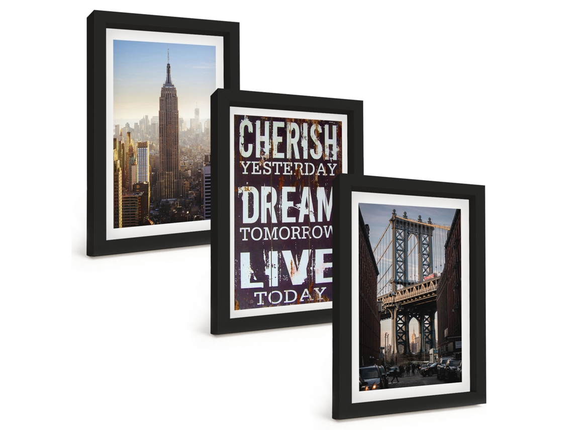 Pinturas Murais Modernas Citação Sobre Paisagens De Nova York Moldura Preta Fotos Para O Corredor Espelharte (3 Peças 20x30 Cm)