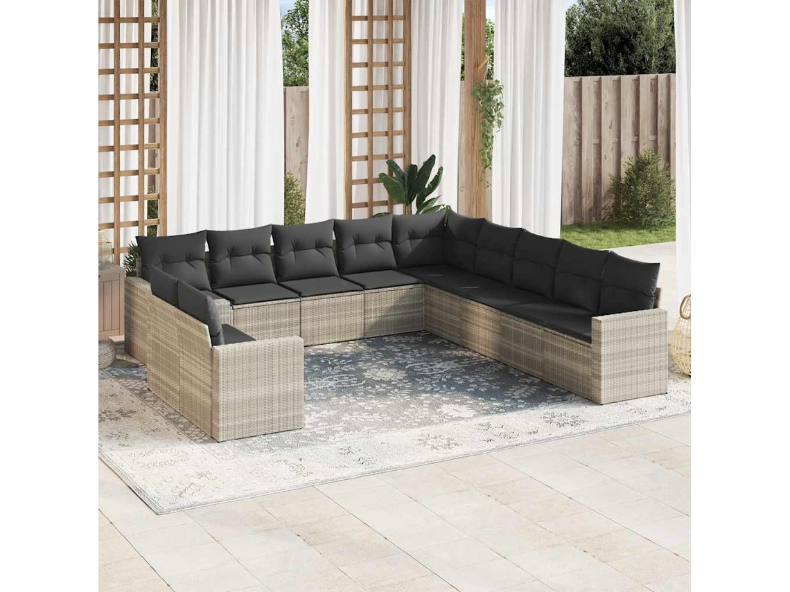 Vidaxl 11 Pcs Conjunto Sofás De Jardim C/ Almofadões Vime Pe Cinzento