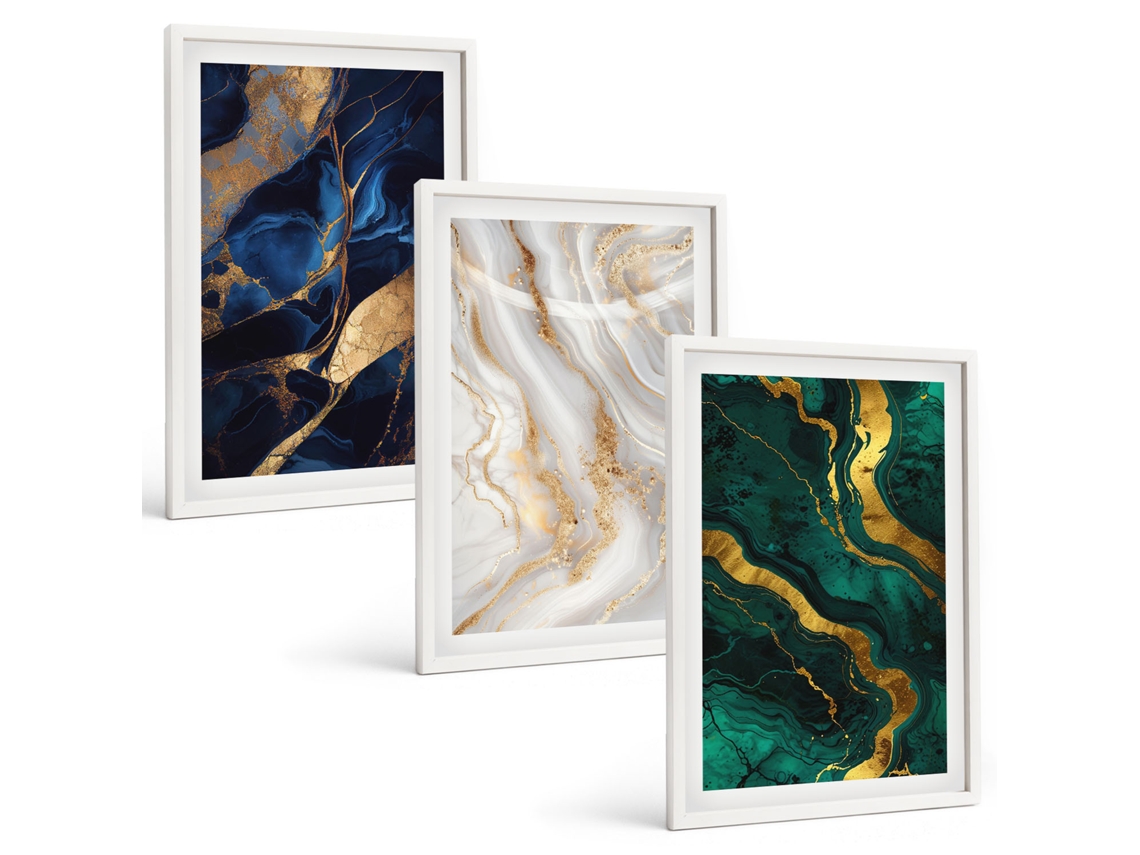 Quadros Decorativos Para Parede Padrões Abstratos Em Azul E Verde Moldura Branca Imagens Para Um Quarto Infantil Espelharte (3 Piezas De 40x60 Cm)