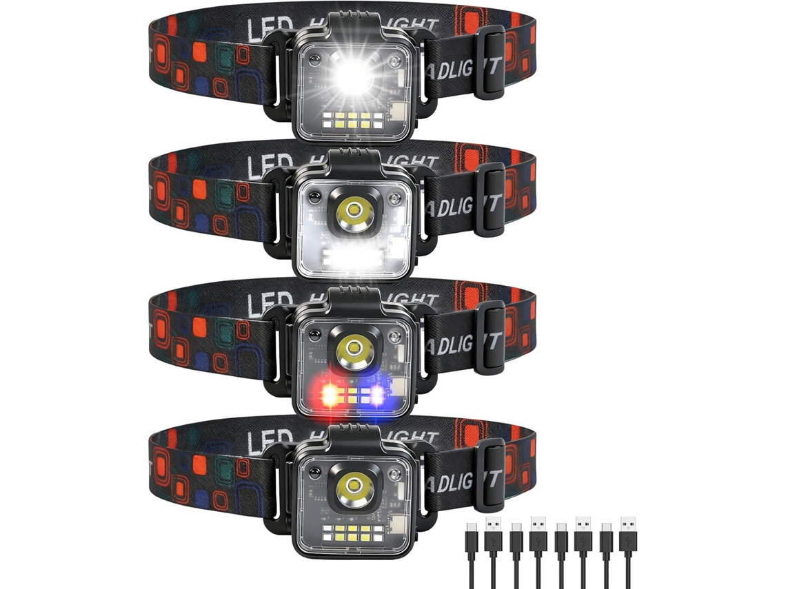 Kit Com 4 Lanternas De Cabeça Led Recarregáveis ​​de 3000 Lúmens Com Design De Encaixe E 5 Modos (pretas)