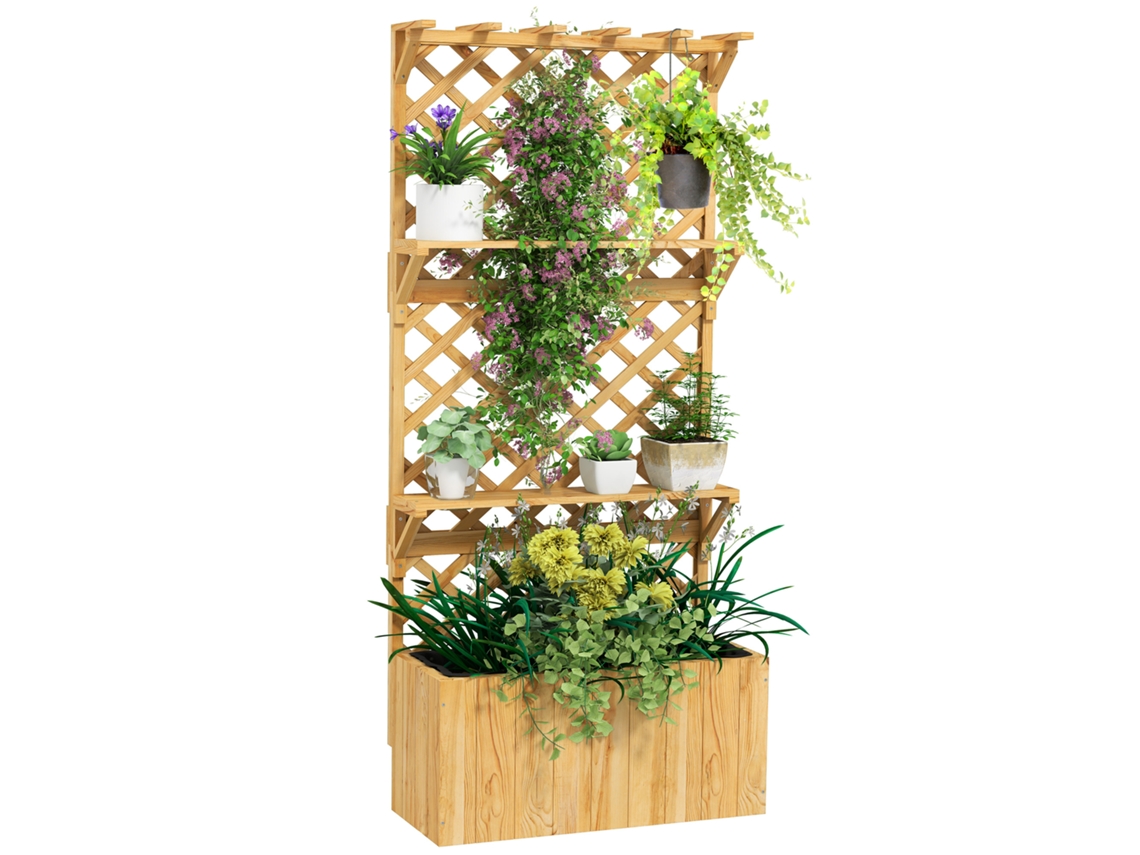 Vaso com Treliça, Canteiro Elevado de Madeira com Telhado Suspenso. Furos de Drenagem e Revestimento. Natural Ge
