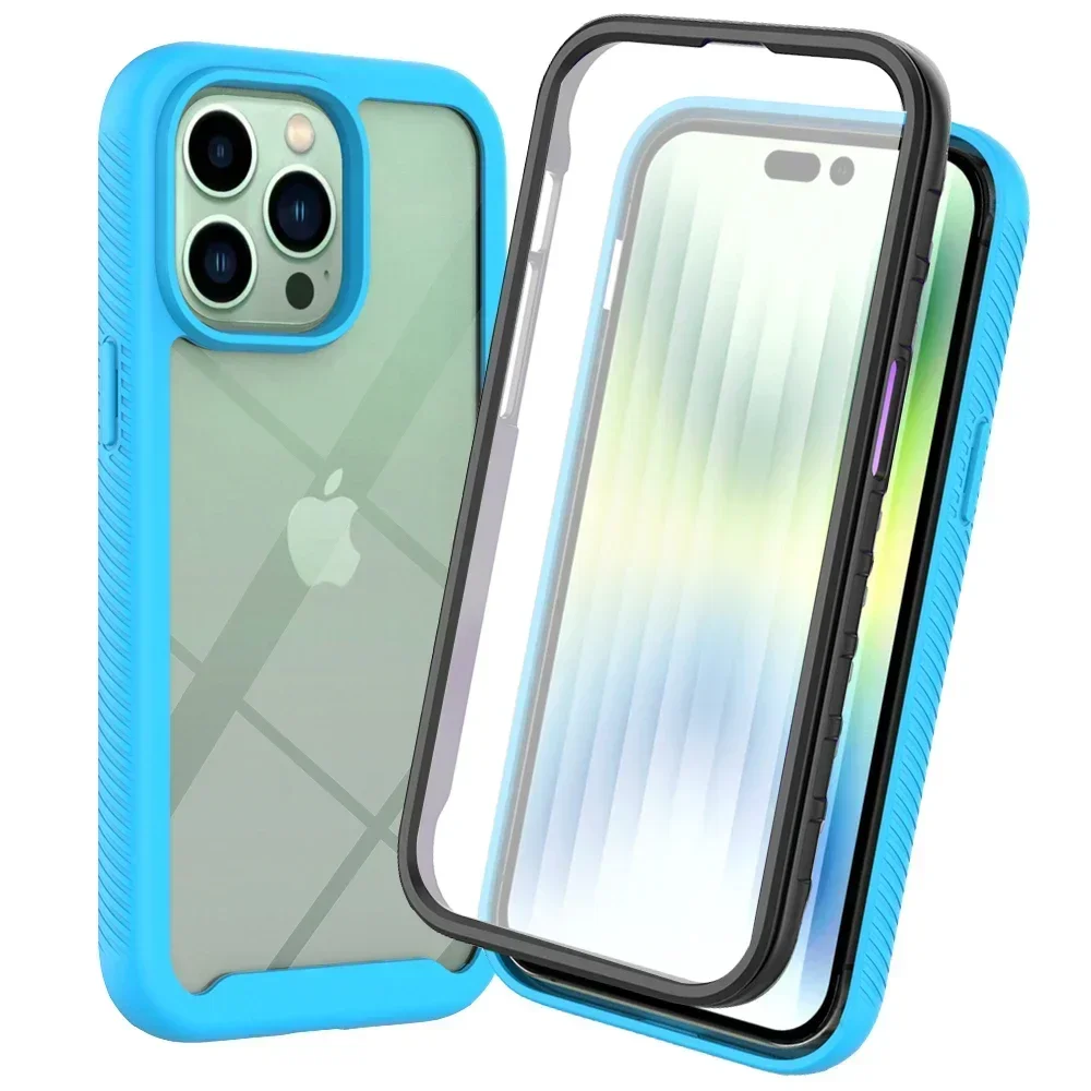 (azul Claro, Iphone 14) Capa Protetora Transparente Premium E Resistente A Impactos, Com Película Protetora De Tela.