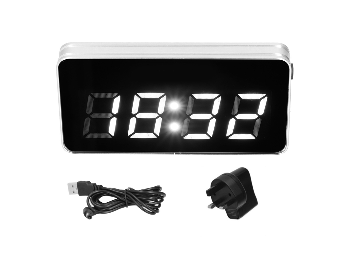Relógio de mesa digital Baok com espelho iluminado por LED, calendário perpétuo, alarme para casa e escritório, plugue do Reino Unido