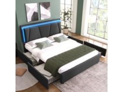 Cama Box 140x200cm Com Led 4 Gavetas Cabeceira Ajustável Cinza