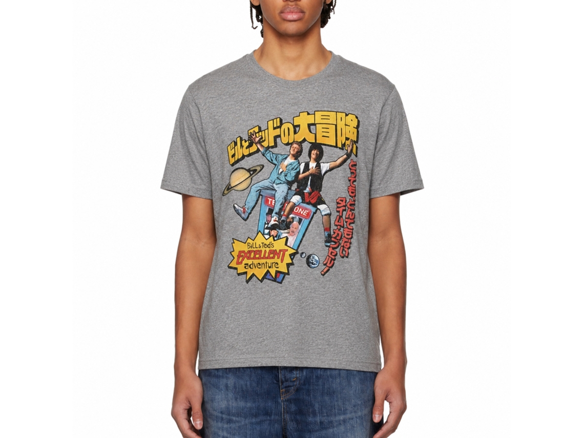Rockinstone Bill And Ted Swoopy Japanese Text Heather Graphite Adult T-shirt Size:xl