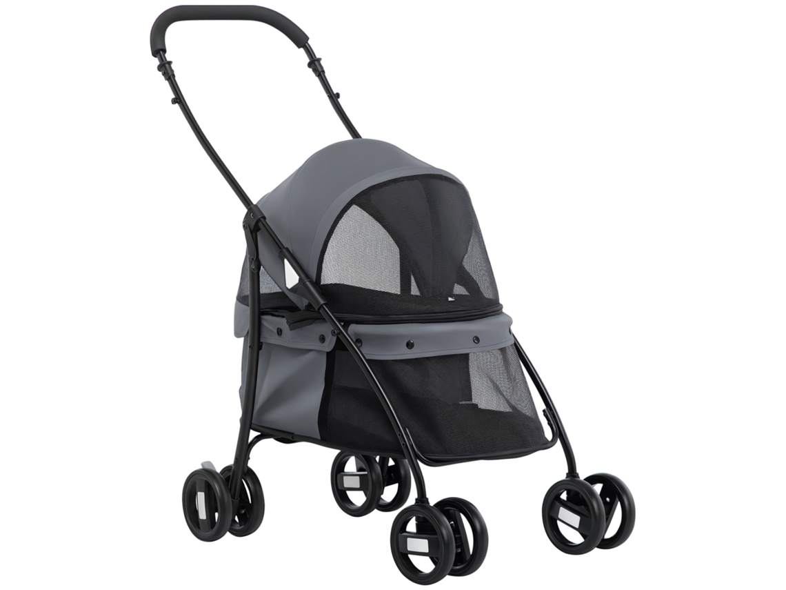 Carrinho Dobrável Para Cães Com Capota Ajustável, Bolsa E 2 Guias, 82x47x97 Cm, Cinza E Preto.