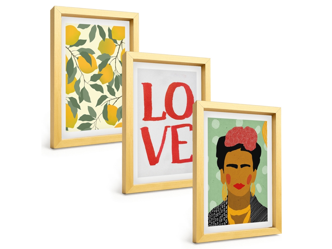 Conjunto De Pinturaslimões, Amor, Retrato De Frida Kahlo Moldura Dourada Quadros Para A Sala De Estar Espelharte (3 Peças 20x30 Cm)