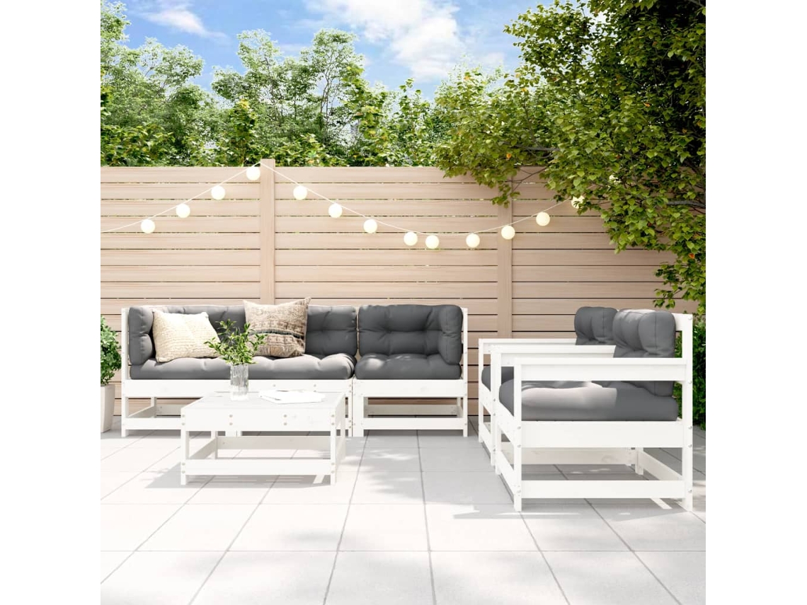 Conjunto Lounge 6 pçs Jardim C/ Almofadas Madeira Maciça Branco Dkd Home Decor