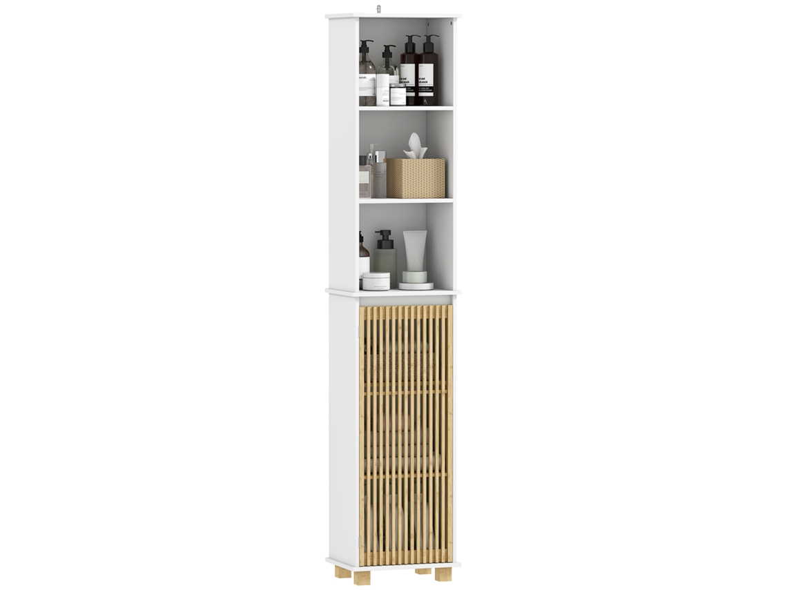 Coluna para Banheiro, Armário com Porta Ripada de Bambu, Branco VISTA
