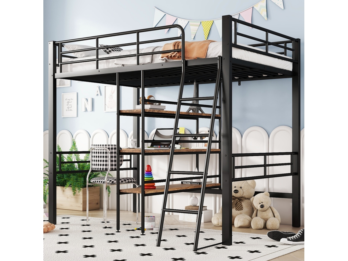 Cama Alta 90x200cm Preto Com Escrevente, Prateleiras E Escada Sem Colchão