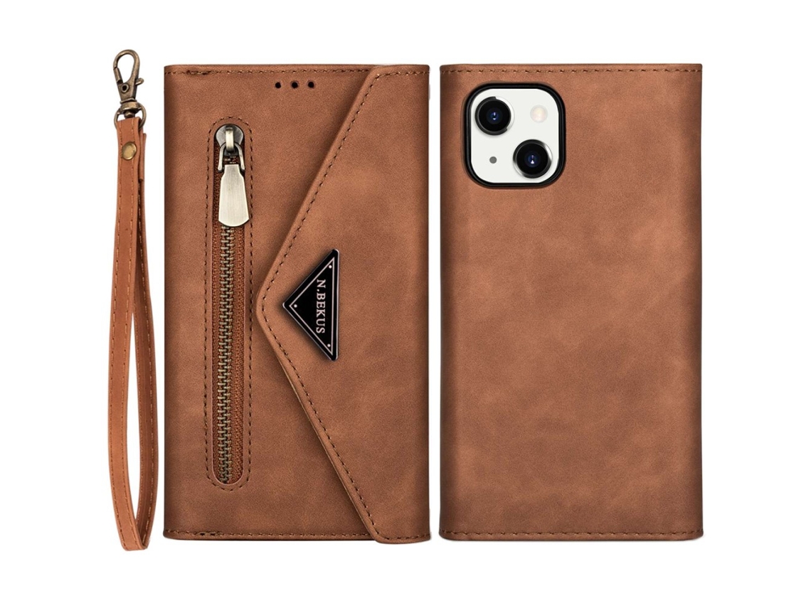Capa Pega Para Iphone 14 Pele Sintética Anti-riscos Castanho