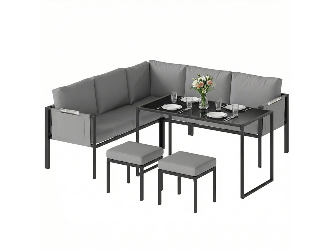 Sofá de Canto Exterior 6 Peças Cinzento com Almofadas, Mesa de 10cm, 2 Apoios para os Pés | S/MARCA