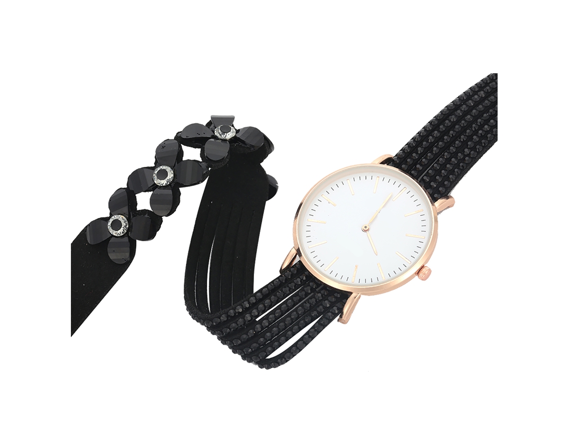 Relógio de Pulso Feminino com Pulseira de Pu e Strass Analógico de Quartzo Elegante Preto