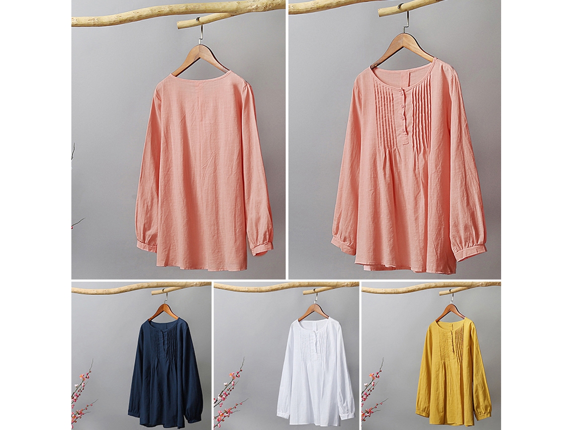 Blusa Casual Feminina de Algodão com Gola Redonda e Mangas Longas Loose Top Cor Sólida