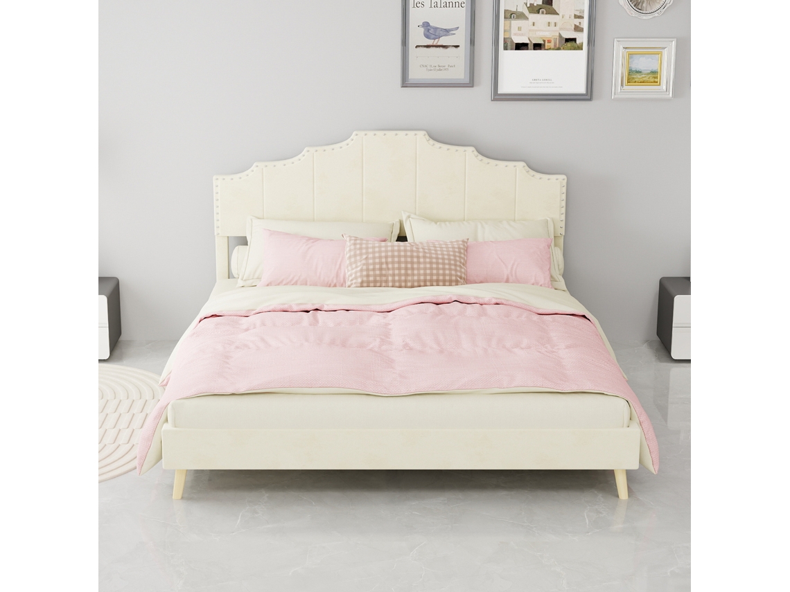 Cama Macia Minimalista Moderna, Cabeceira Confortável, 160x200cm, Bege, Móvel De Quarto Multifuncional, Base Baixa Sem Pistão A Gás, Sem Colchão.