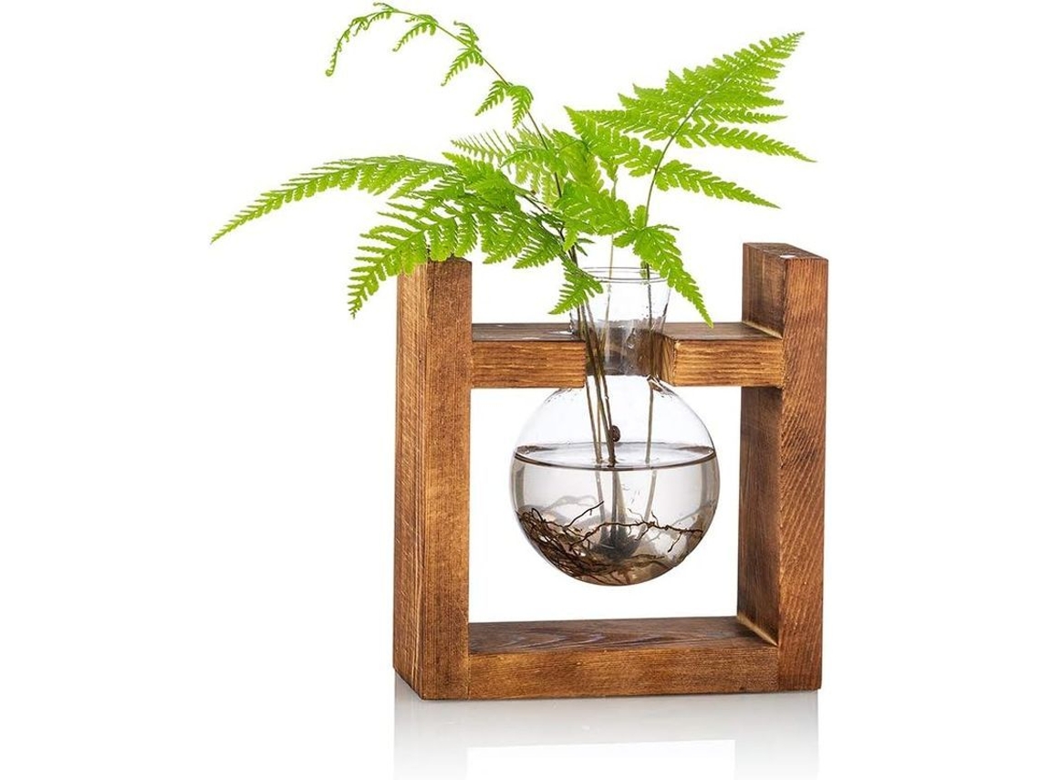 Maceta De Vidrio Terrario Con Soporte De Madera Para Plantas De Mesa, Jardín Y Oficina, 1 Vaso