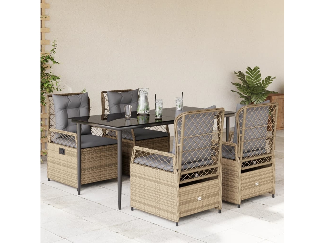 5 Pcs Conjunto De Jantar P/ Jardim Com Almofadões Vime Pe Bege Dkd Home Decor