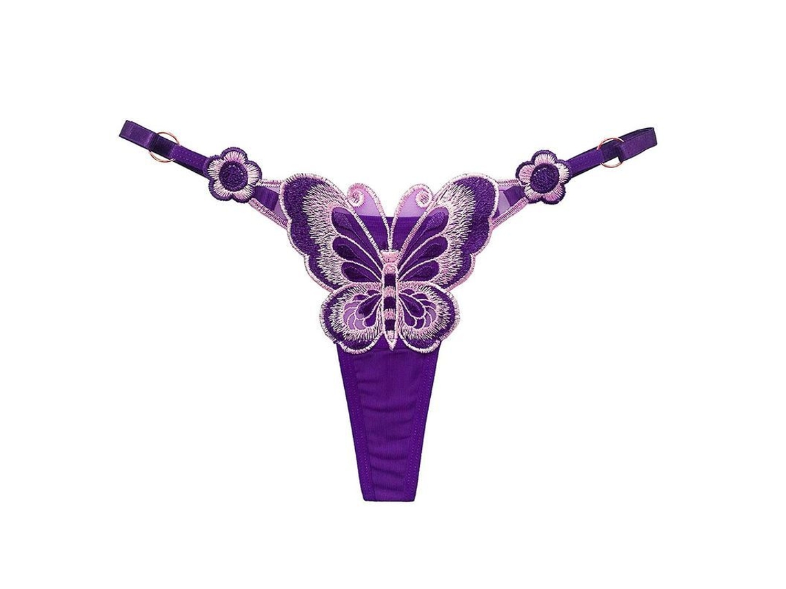 Calcinha fio dental feminina 2026 com argolas de metal, bordado de borboleta, ajustável, lingerie sexy