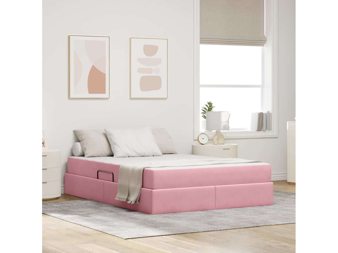 Vidaxl Cama Com Arrumação E Colchão Rosa 140 X 190 Cm Veludo