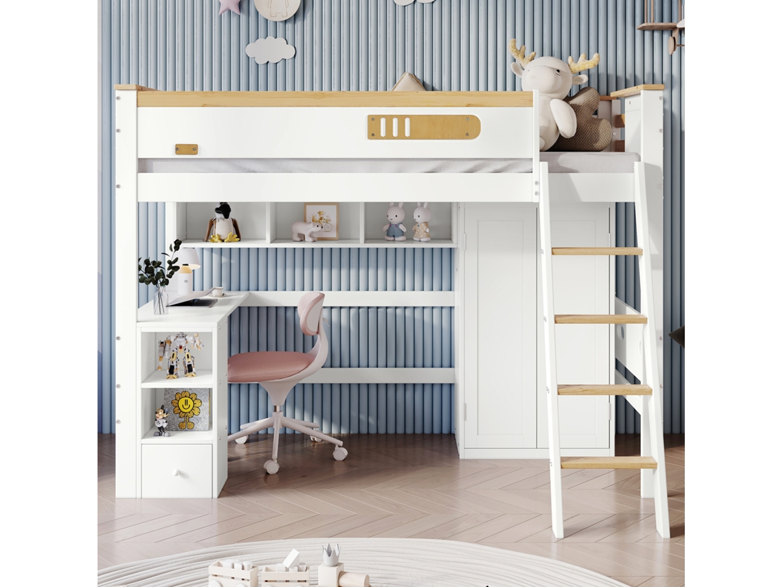 Beliche Infantil Com Grade De Proteção, Mesa, Guarda Roupas E Prateleira Aberta Ampla Capacidade De Armazenamento, Escada De 4 Btforus (sem Colchão)