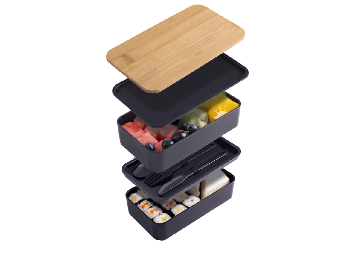 Caixa Bento De Bambu Com Divisórias E Talheres, Lancheira Empilhável De Dupla Camada - Preto