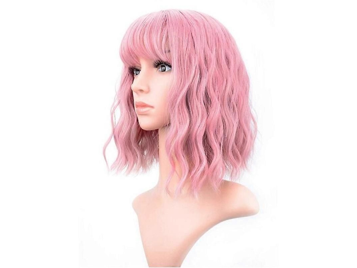Peruca Ondulada Macia Com Franja De Ar, Bob Curto Feminino Roxa E Rosa Cacheada (12 Polegadas), Roxa E Rosa