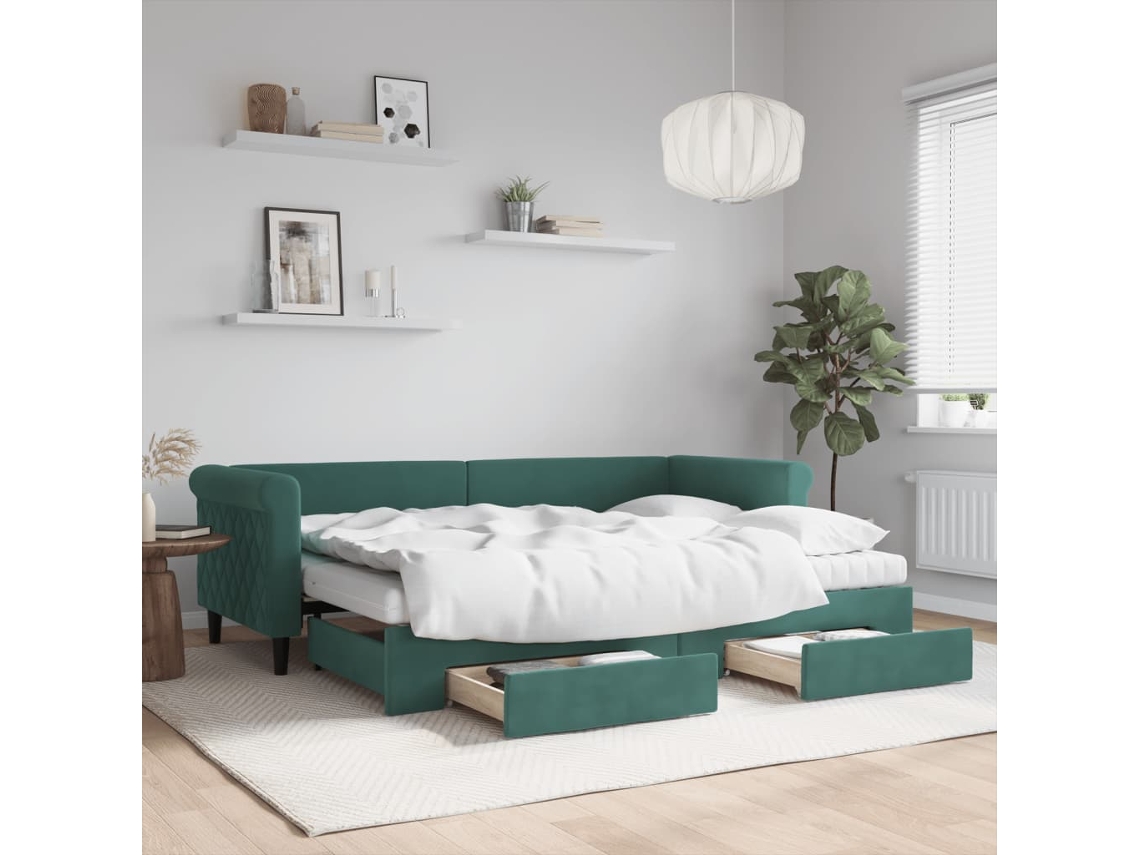Sofá cama con gran cajón y cajones 80x200cm Terciopelo Verde Oscuro