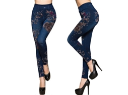 Leggings falsos de jeans femininas com estampa floral, tamanho XL, azul