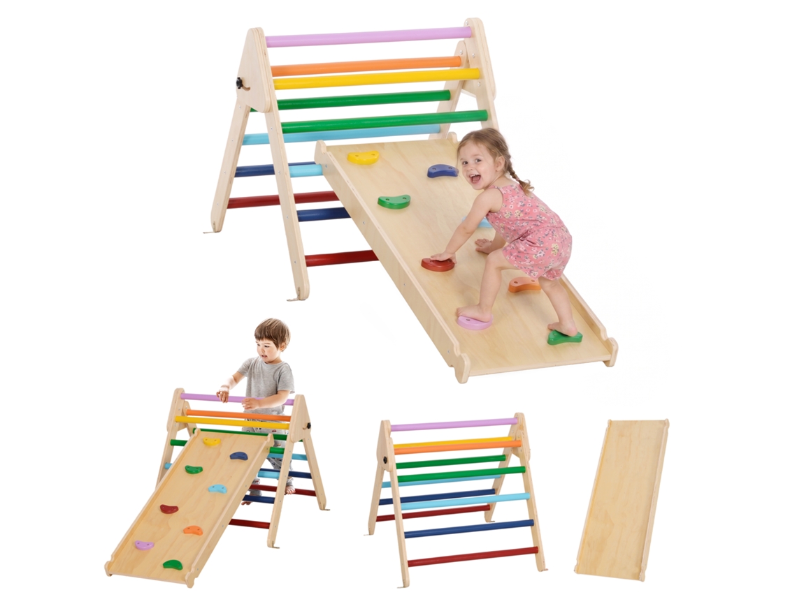 Triángulo De Escalada De Madera 3 En 1 Con Rampa Para Deslizarse O Escalar 147x64,5x63 Cm Multicolorido