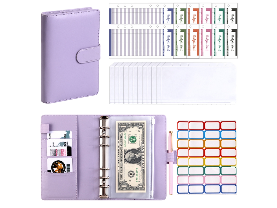 A6 Ring Binder Macaron Pu Leather Cash Savings Budget Notebook With Zipper Pouches Purple Cover Includes 12-budget Cards