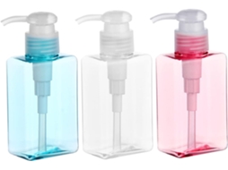 Conjunto De 3 Frascos De Plástico Vazios Com Bomba Dosadora Para Viagem, Nas Cores Azul Transparente E Rosa.