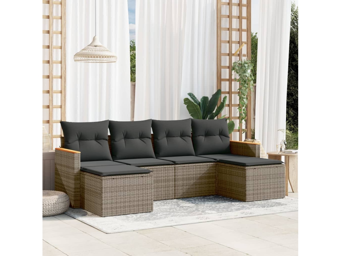 Vidaxl 6 Pcs Conjunto Sofás De Jardim Com Almofadões Vime Cinzento