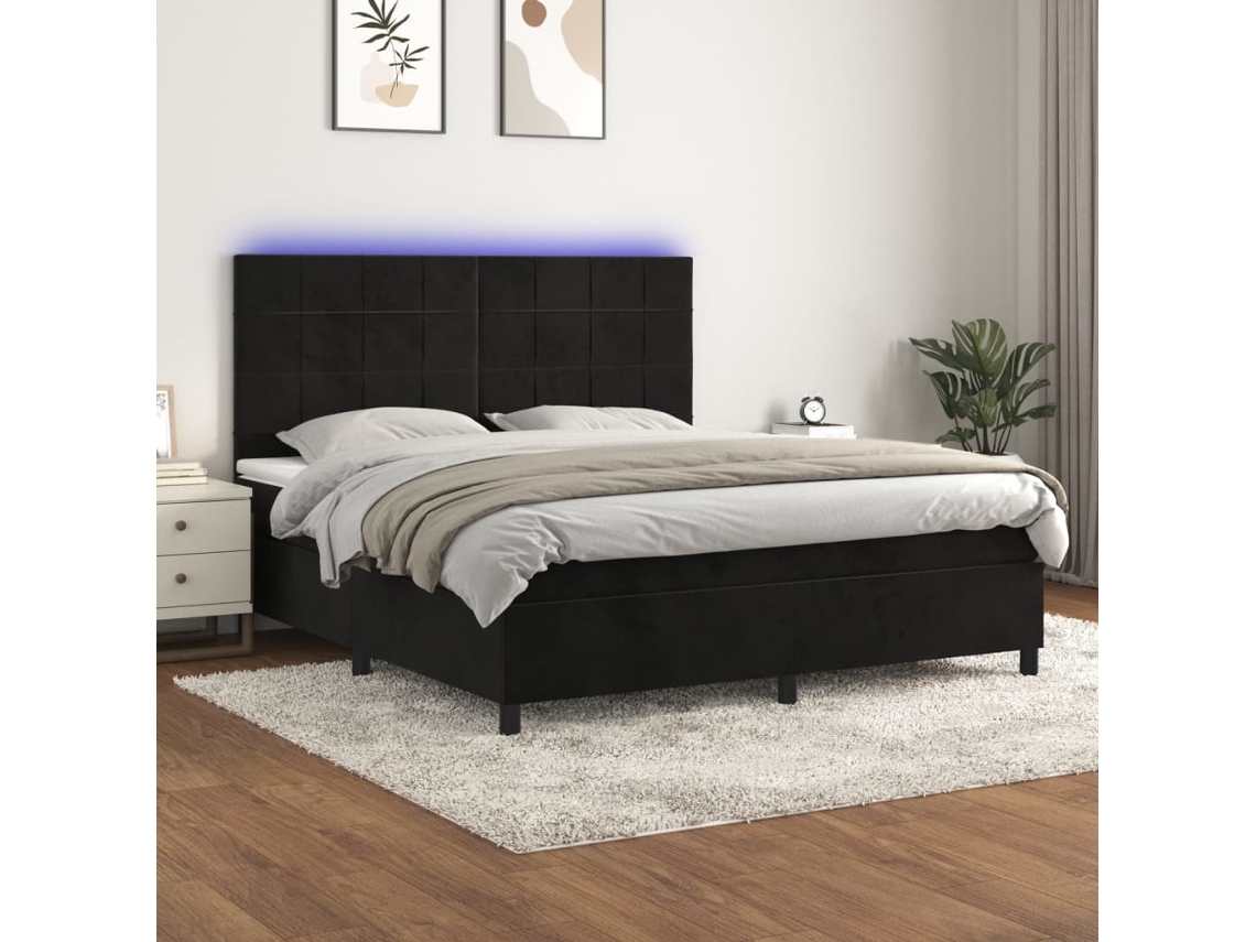 Vidaxl Cama Box Spring C/ Colchão/led 180x200 Cm Veludo Preto