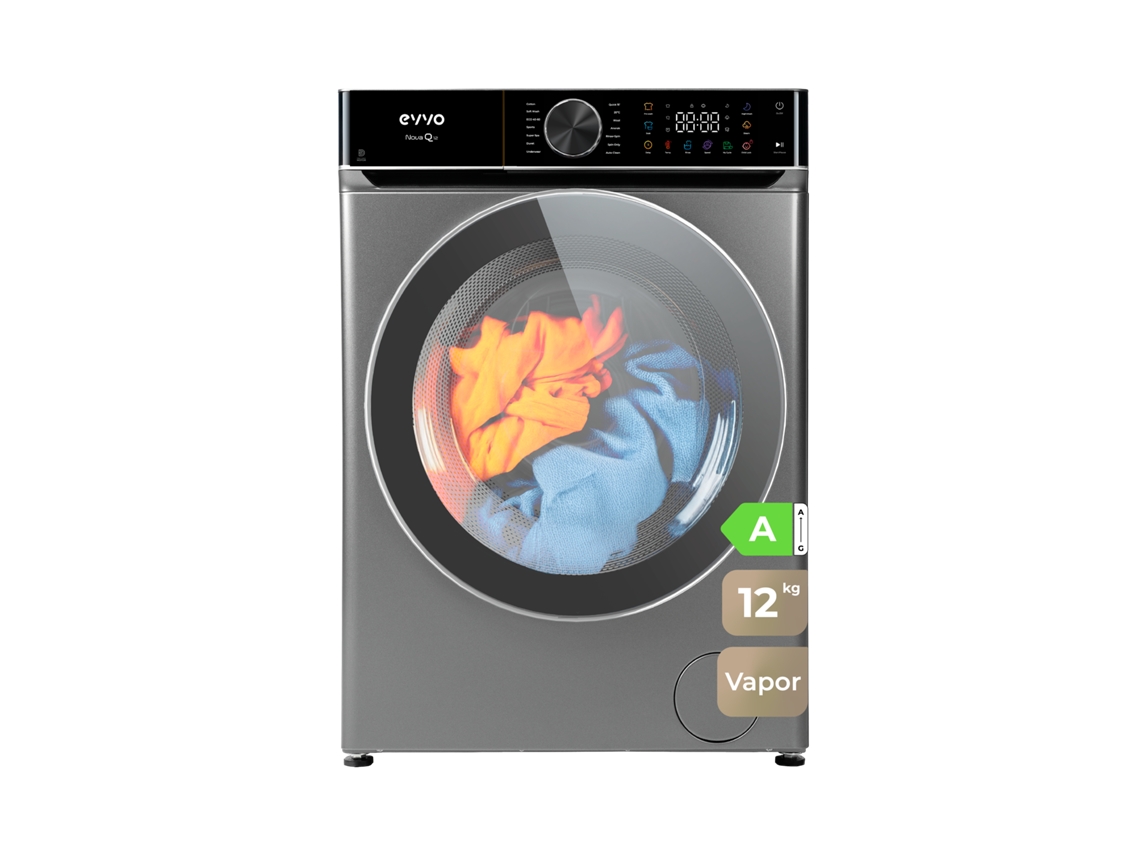 Máquina de Lavar Roupa EVVO Nova Q12x Inox, 12 Kg, 1400 Rpm, Classe A, Motor Edrive, Eprotect, 14 Programas, Vapor, Quick Wash 15’, Night Wash, Arranque Retardado