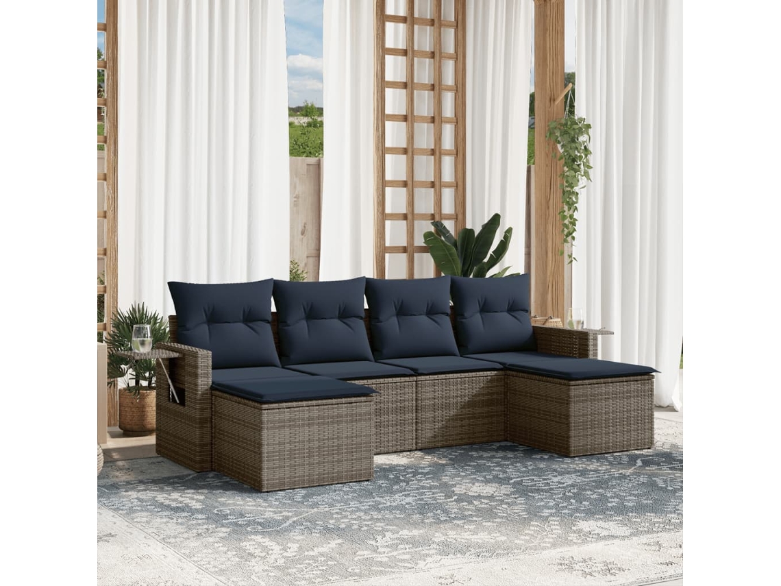 Vidaxl Conjunto De Sofá De Jardim Com 6 Peças E Almofadas Em Rattan Sintético Cinza