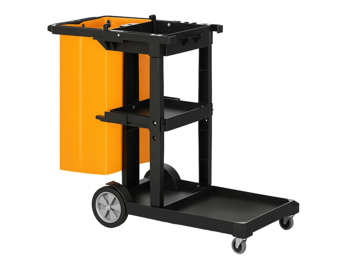 Carro de Limpeza com Bolsa Carrinho de Limpeza com Rodas e 3 Prateleiras 121x50.5x96.5cm Preto e Amarelo BTFORUS