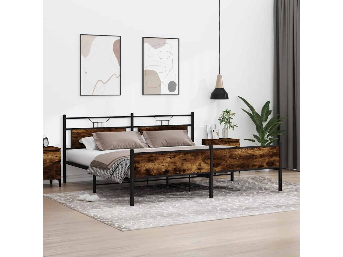 Vidaxl Estrutura De Cama Sem Colchão 193x201cm Metal Carvalho Fumado
