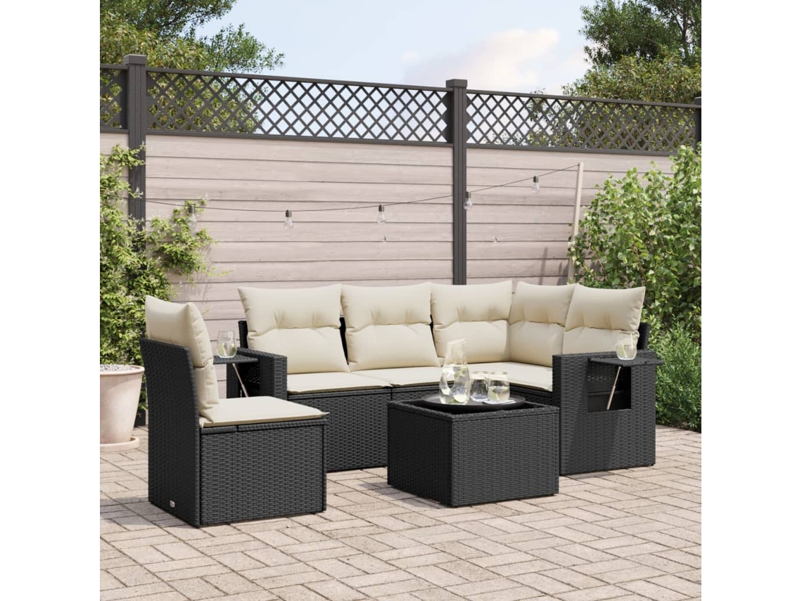 Vidaxl 6 Pcs Conjunto Sofás De Jardim C/ Almofadões Vime Pe Preto