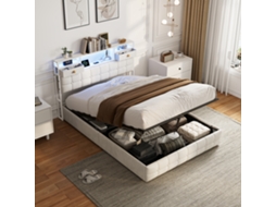 Cama Com Arrumação De 140 X 200 Cm Com Iluminação Led Rgb E Portas Usb-c, Estrutura Estofada Em Veludo Bege.