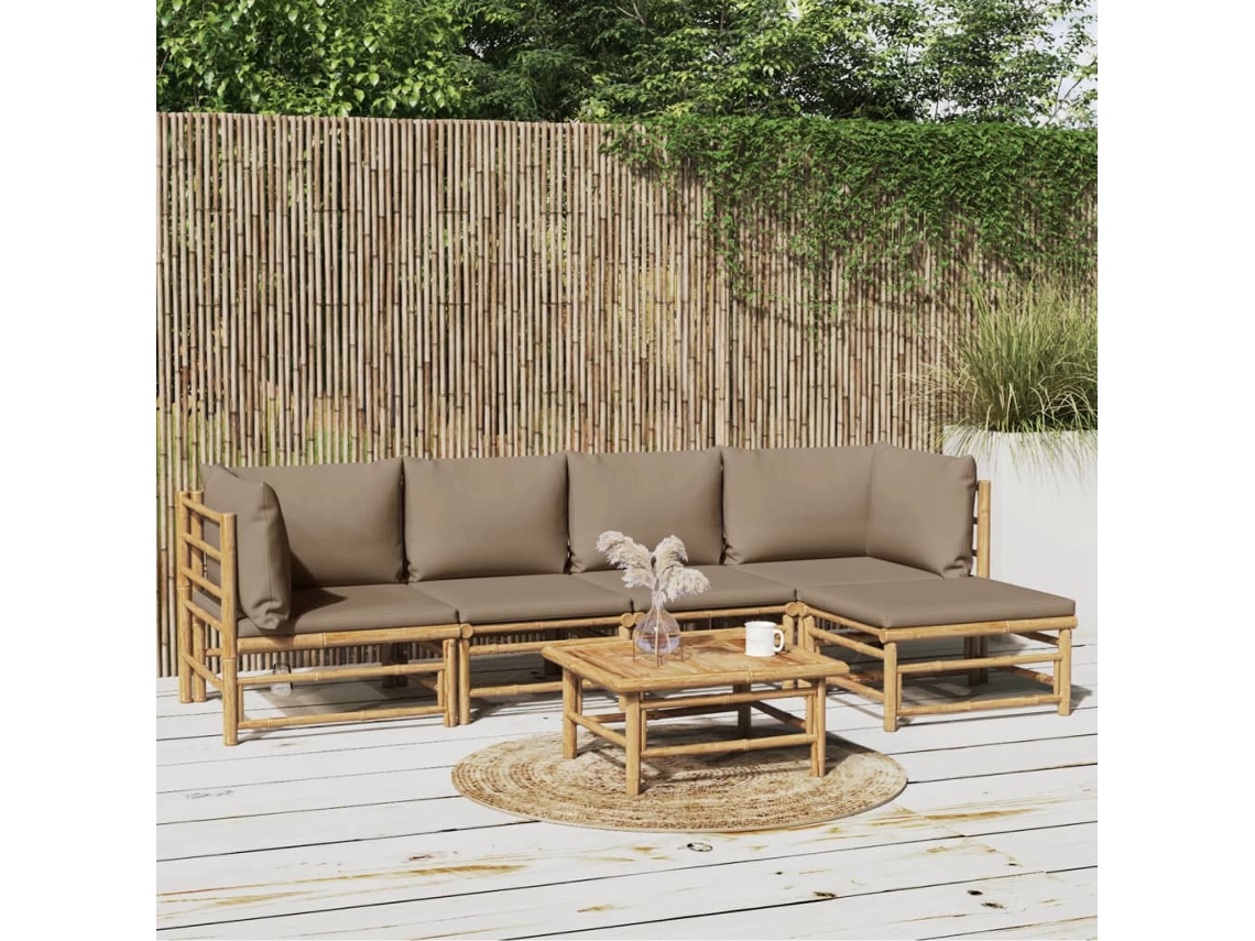 Vidaxl 6 Pcs Conj. Lounge Jardim Bambu Almofadões Cinzento-acastanhado
