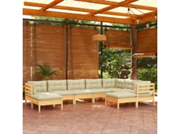 Conjunto 9 Peças Lounge Jardim C/ Almofadões Creme Pinho Maciço Dkd Home Decor