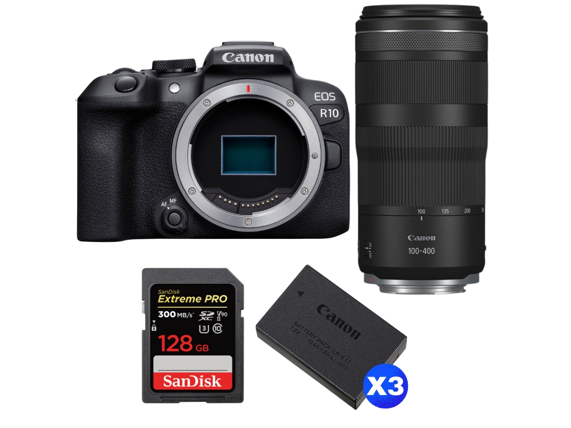 Eos R10 + Rf 100 400mm F5.6 8 Is Usm + 1 Sandisk 128gb Uhs ii 300mb/s + 3 Canon Lp e17 + Ebook “20 Dicas para Fotos Que Impressionam” CANON
